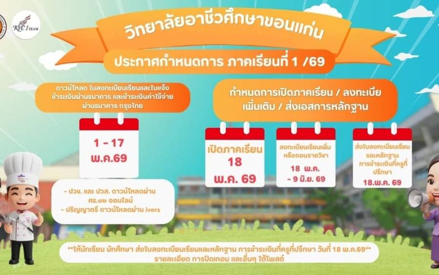  ประกาศวิทยาลัยอาชีวศึกษาขอนแก่น เรื่อง การลงทะเบียนเรียนและการเปิด-ปิดเรียน ภาคเรียนที่ ๑/๒๕๖๙ 