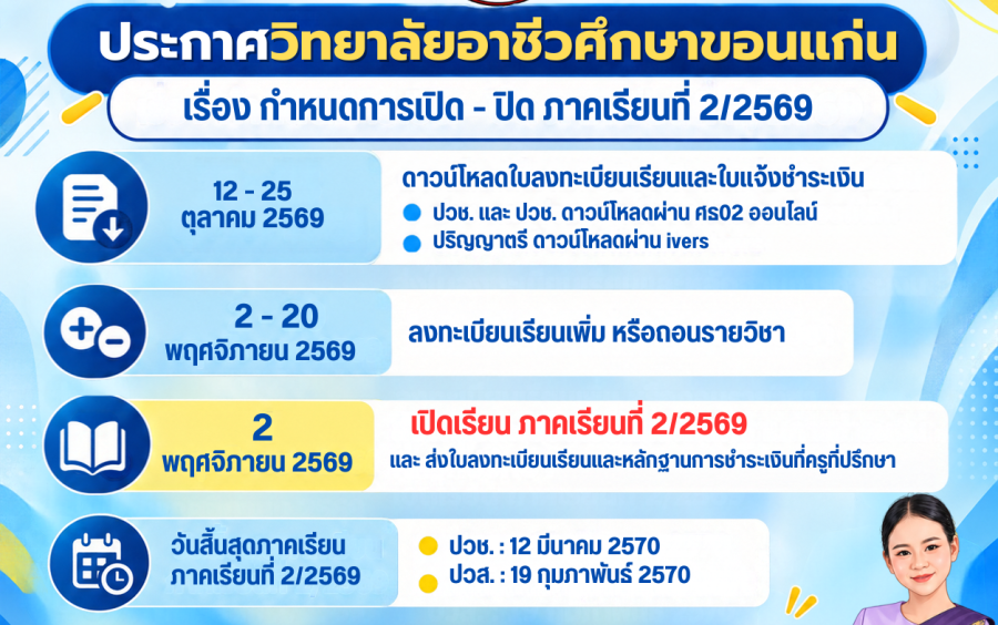 ประกาศจากวิทยาลัยอาชีวศึกษาขอนแก่น! เรื่อง การลงทะเบียนเรียนและการเปิด-ปิดเรียน ภาคเรียนที่ 2/2569